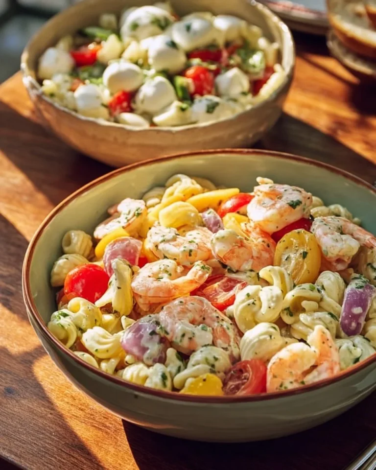 Salade de pâtes froide avec crevettes et mozzarella, plat d'été frais et délicieux.