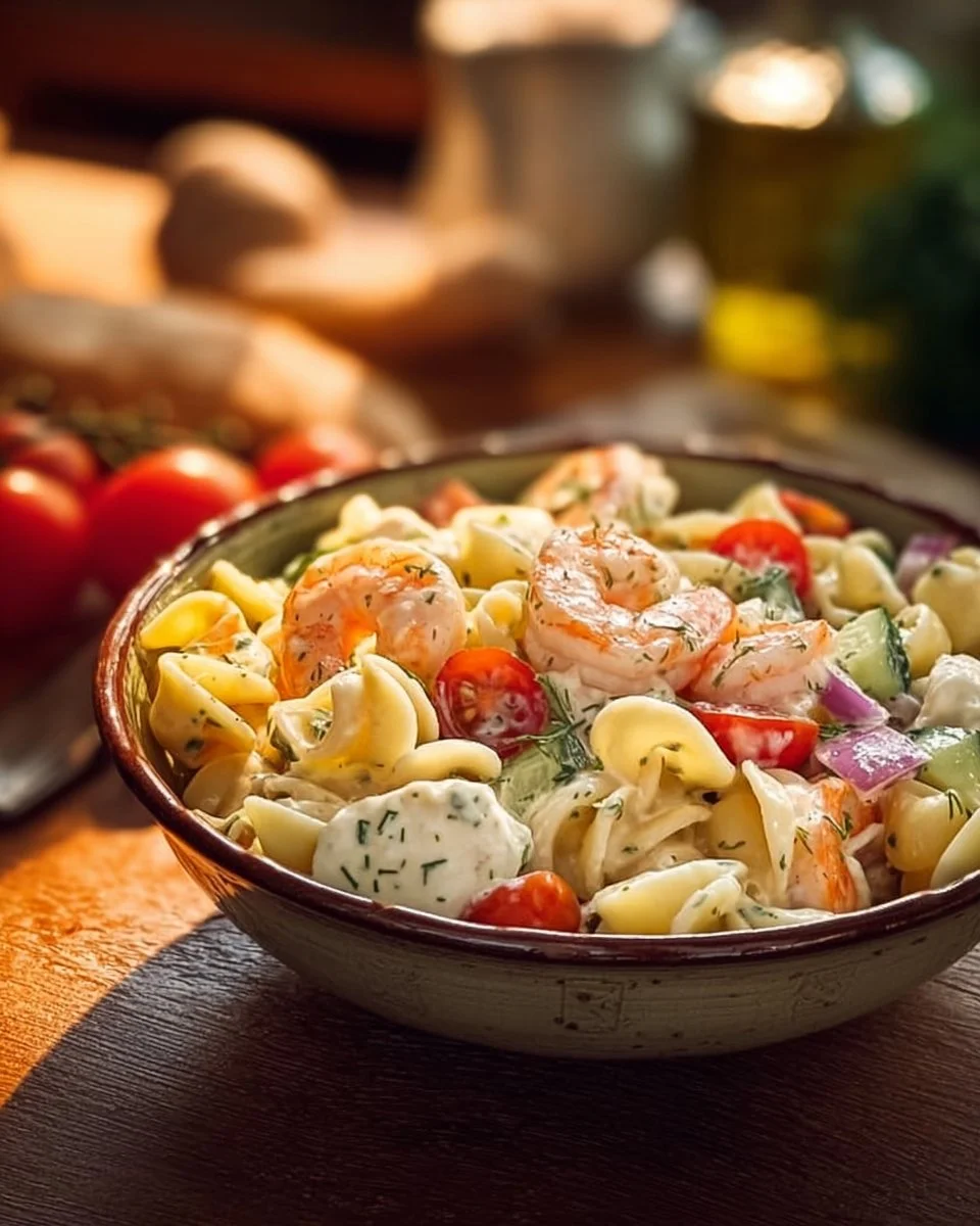 Salade de pâtes froide avec crevettes et mozzarella