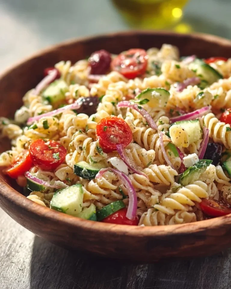 Salade de pâtes méditerranéenne colorée et appétissante avec légumes frais.