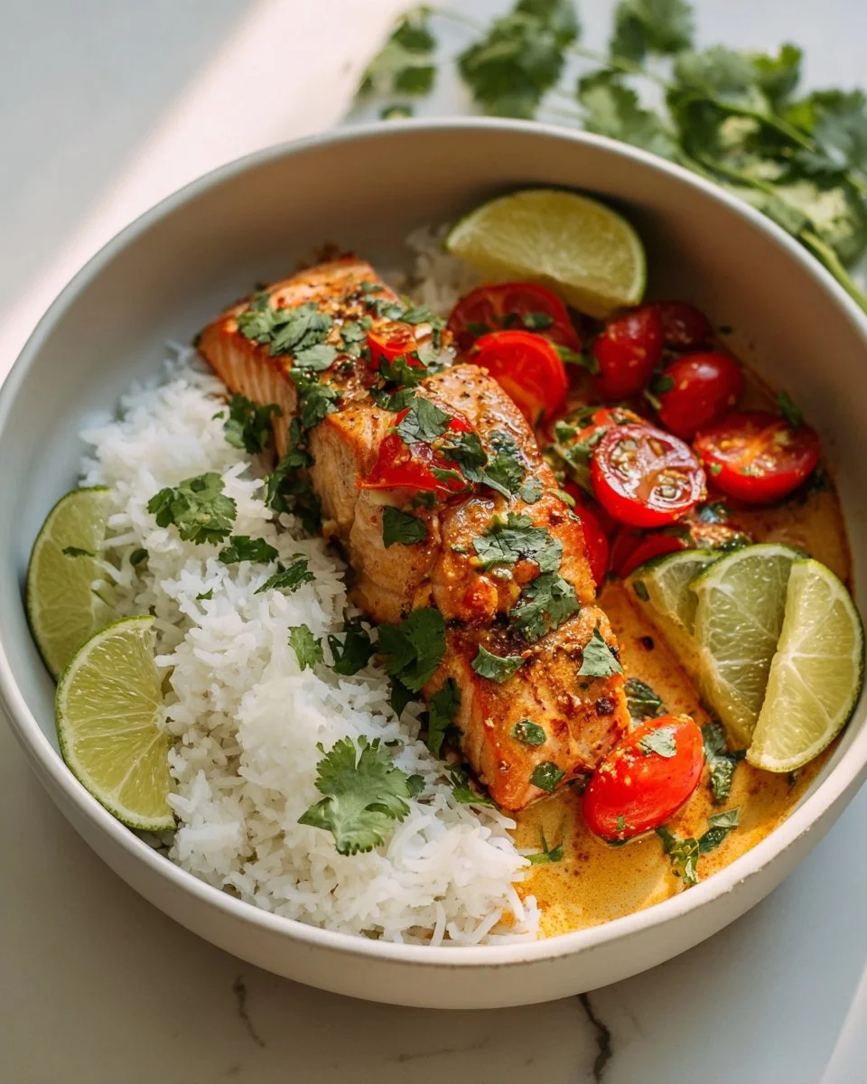 Saumon au curry de coco en une poêle avec beurre à l'ail, plat savoureux et facile.