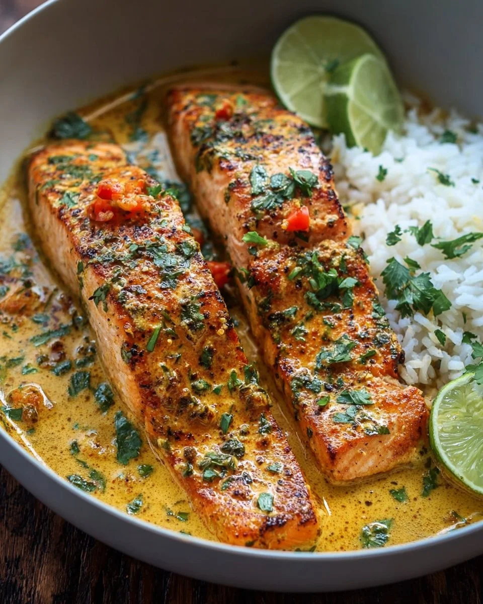 Saumon au curry de coco en une poêle avec beurre à l'ail