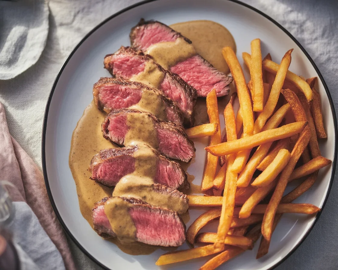 Steak frites sauce au poivre - plat classique français délicieux et savoureux.
