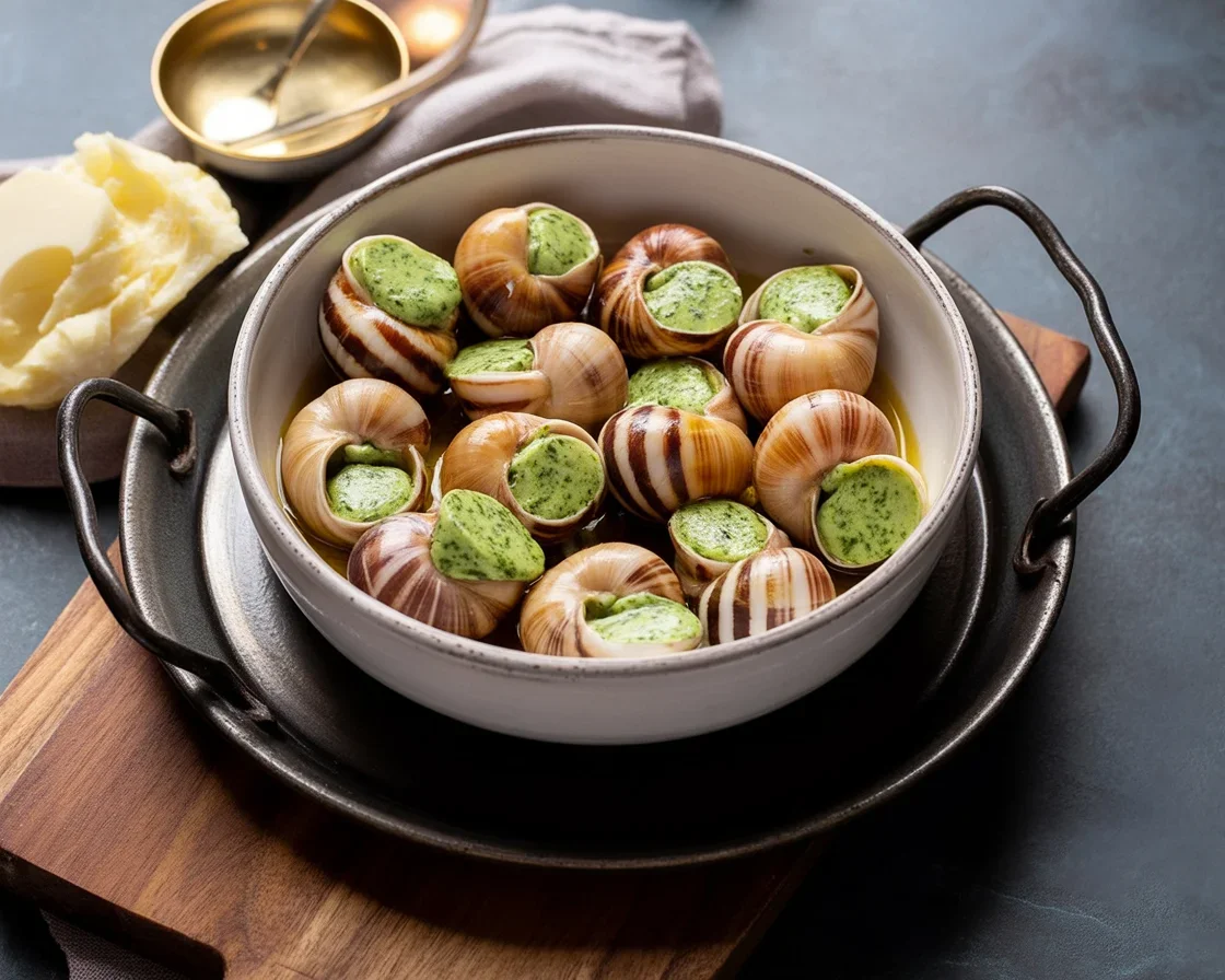Escargots au beurre persillé servis avec légumes frais en accompagnement.