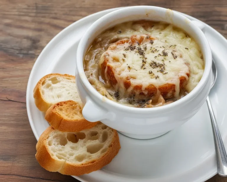 Soupe à l’oignon gratinée avec croûtons et fromage Gruyère fondu