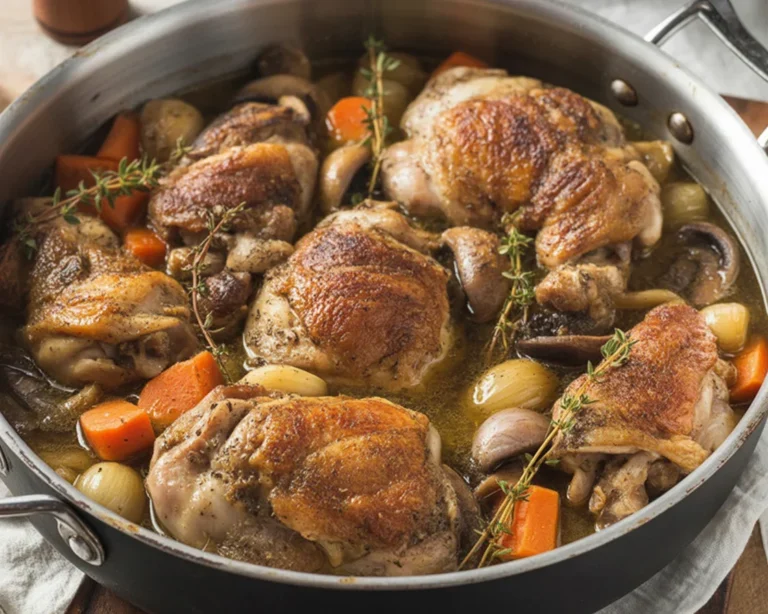 Recette de Coq au vin : poulet braisé dans du vin rouge et légumes.