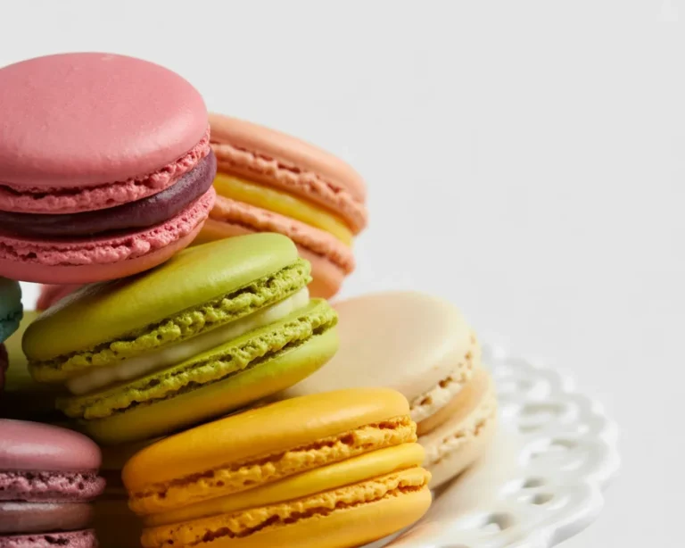 Assortiment coloré de macarons français délicats et décoratifs sur une assiette.