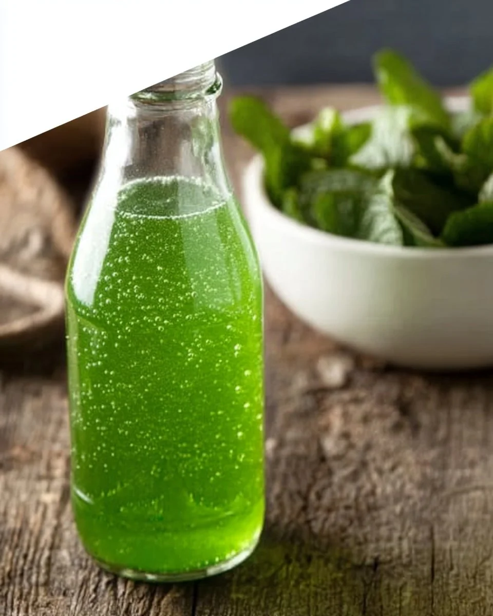 Bouteille de sirop de menthe maison sur une table en bois