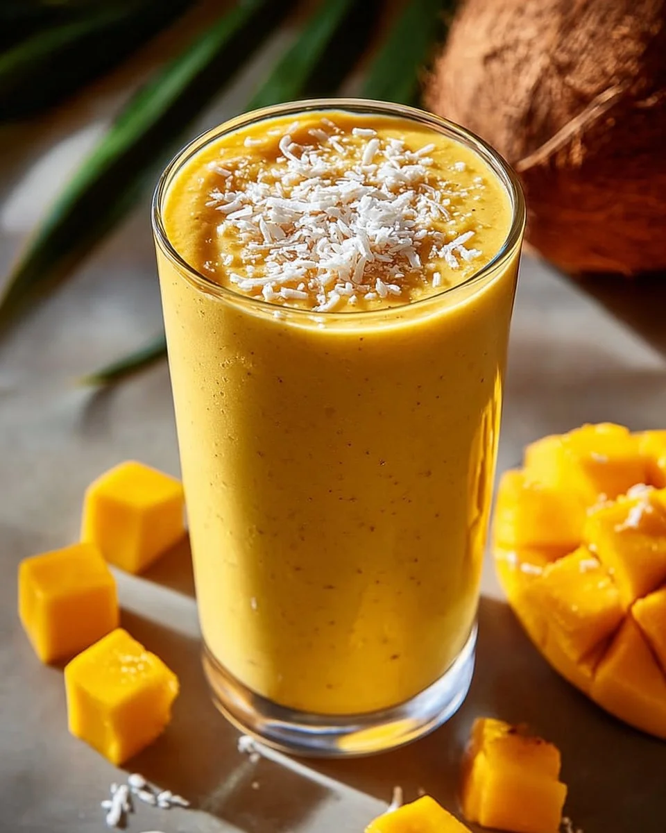 Smoothie à la mangue et à la noix de coco dans un verre rafraîchissant