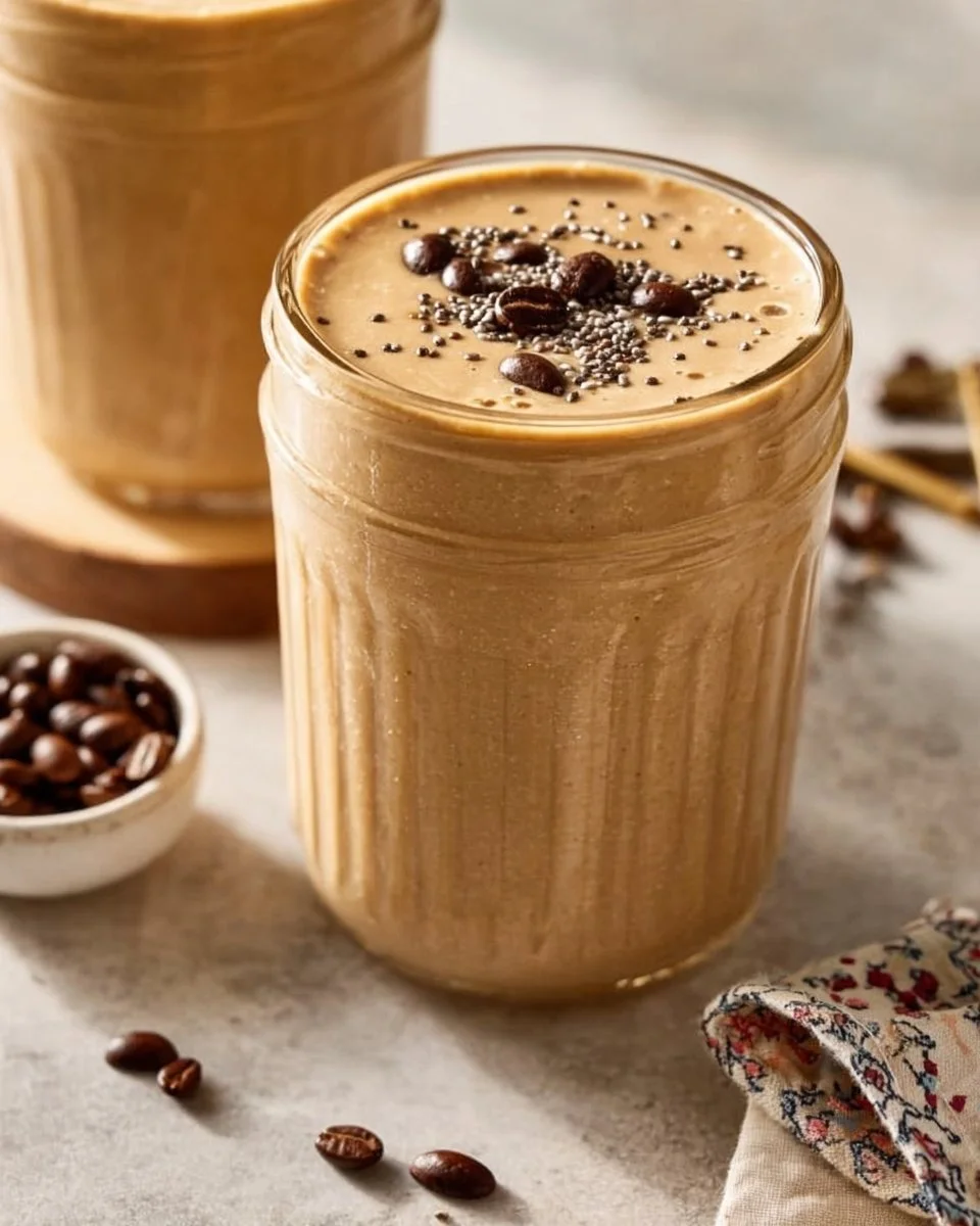 Smoothie au café crémeux servi dans un verre avec des garnitures de café.