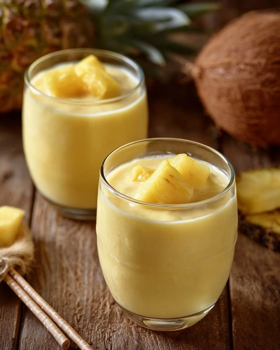 Smoothie Glacé à l'Ananas servi dans un verre avec une tranche d'ananas frais