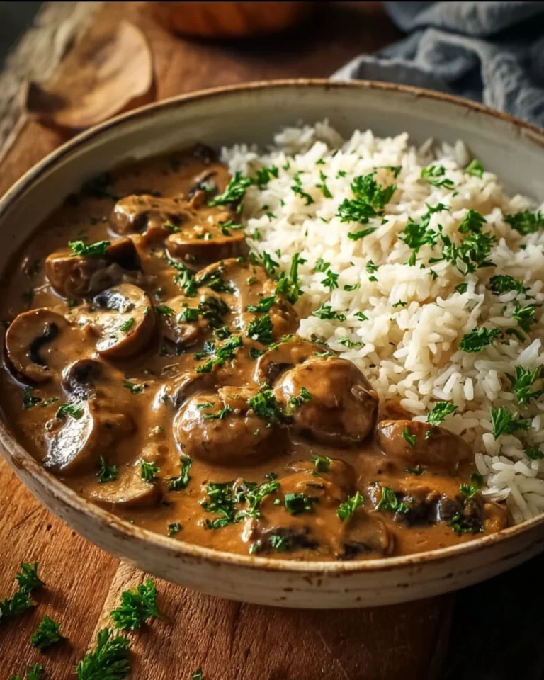 Stroganoff de Champignons crémeux et Riz Complet dans une assiette