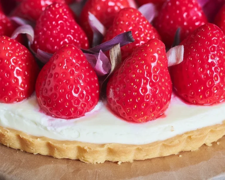 Tarte aux fraises avec crème pâtissière et fraises fraîches sur une pâte sablée.
