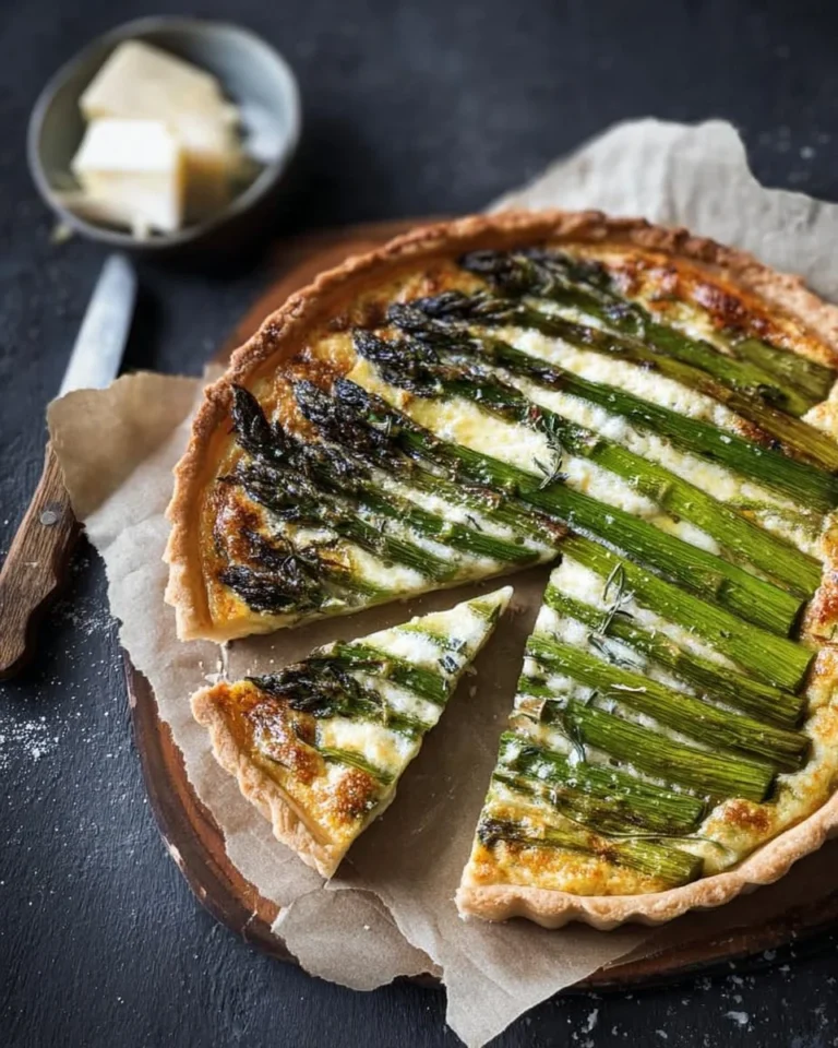 Tarte fine aux asperges vertes rôties sur une assiette élégante.