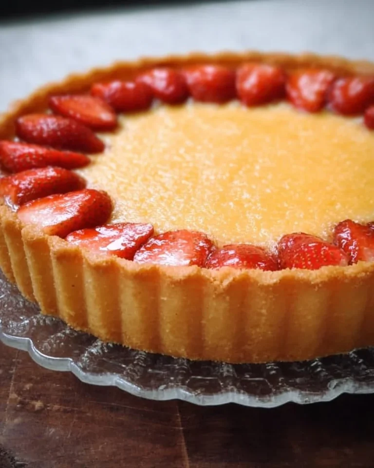 Tarte génoise aux fraises garnie de fruits frais sur une assiette