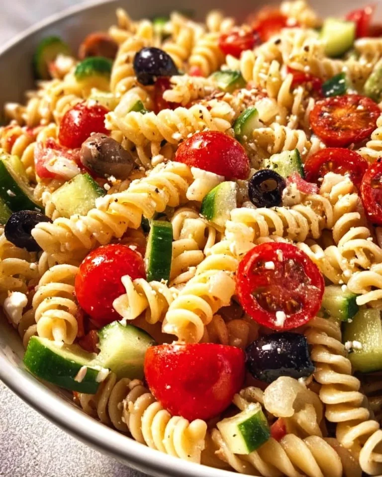 Salade de pâtes avec vinaigrette italienne, ingrédients frais et colorés.