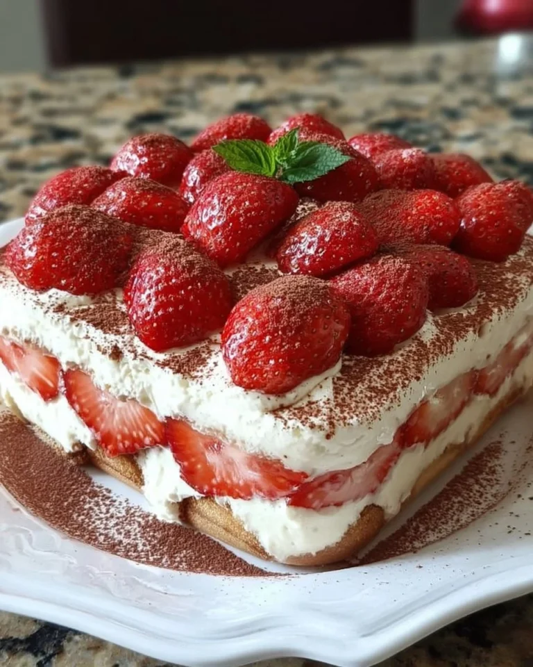 Tiramisu aux fraises prêt à être dégusté, un dessert italien fruité et savoureux.