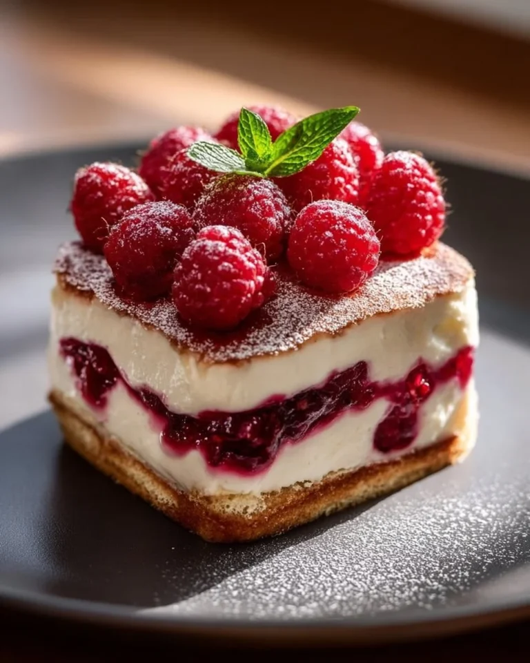 Tiramisu aux framboises garnie de fruits rouges et décorée pour un dessert élégant