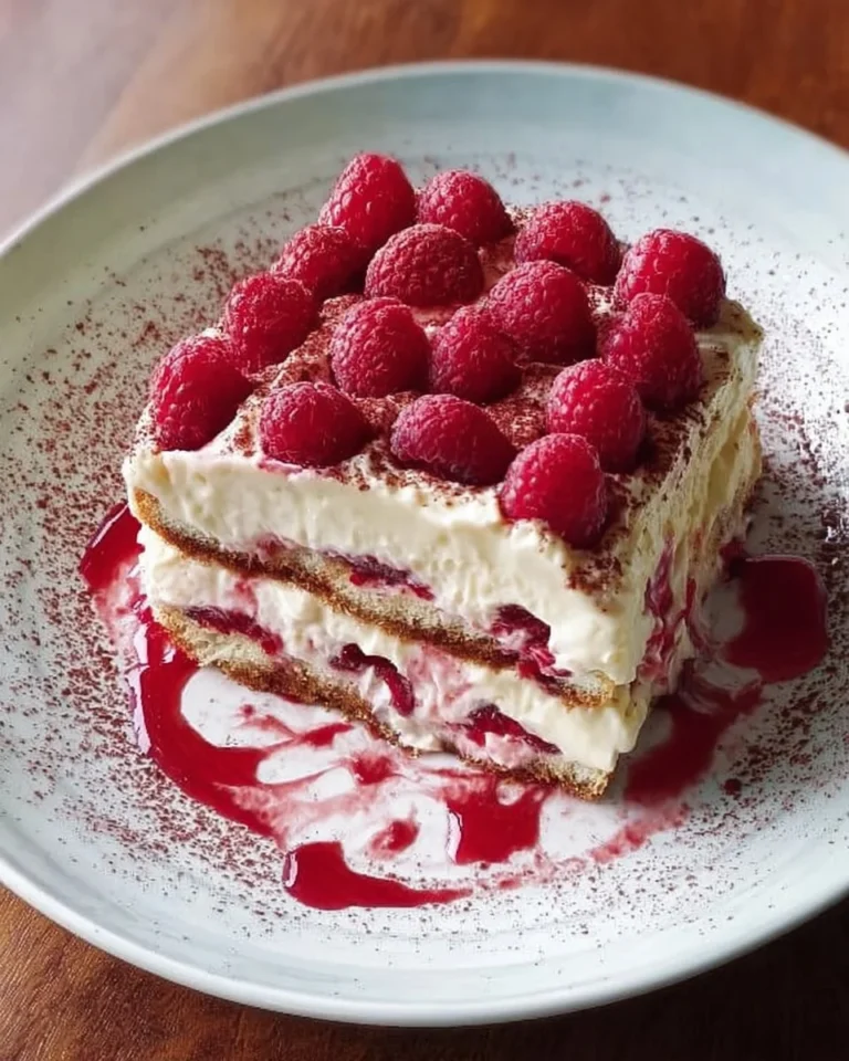 Tiramisu crémeux à la framboise sur une assiette élégante