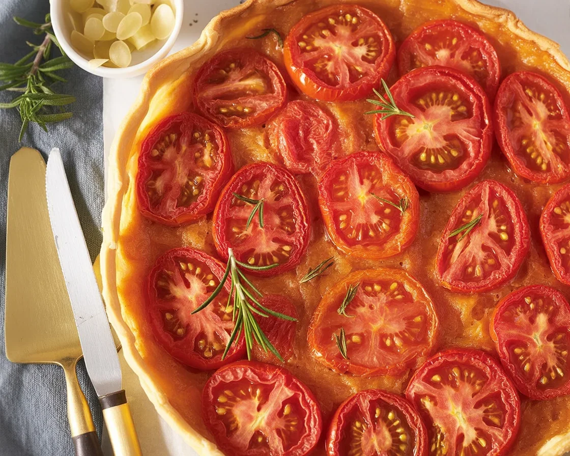 Tarte aux tomates et moutarde sur une table en bois, garnie de tomates colorées.