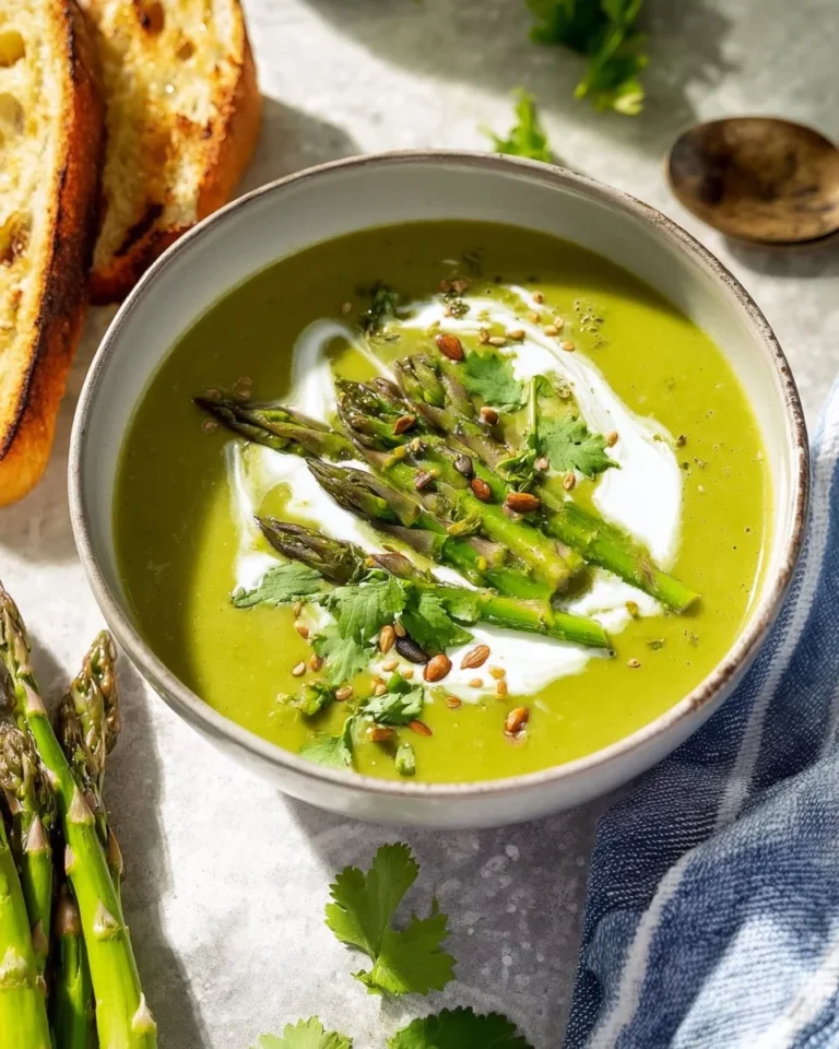 Velouté d'asperges vertes dans un bol, garnie de crème et d'herbes fraîches.