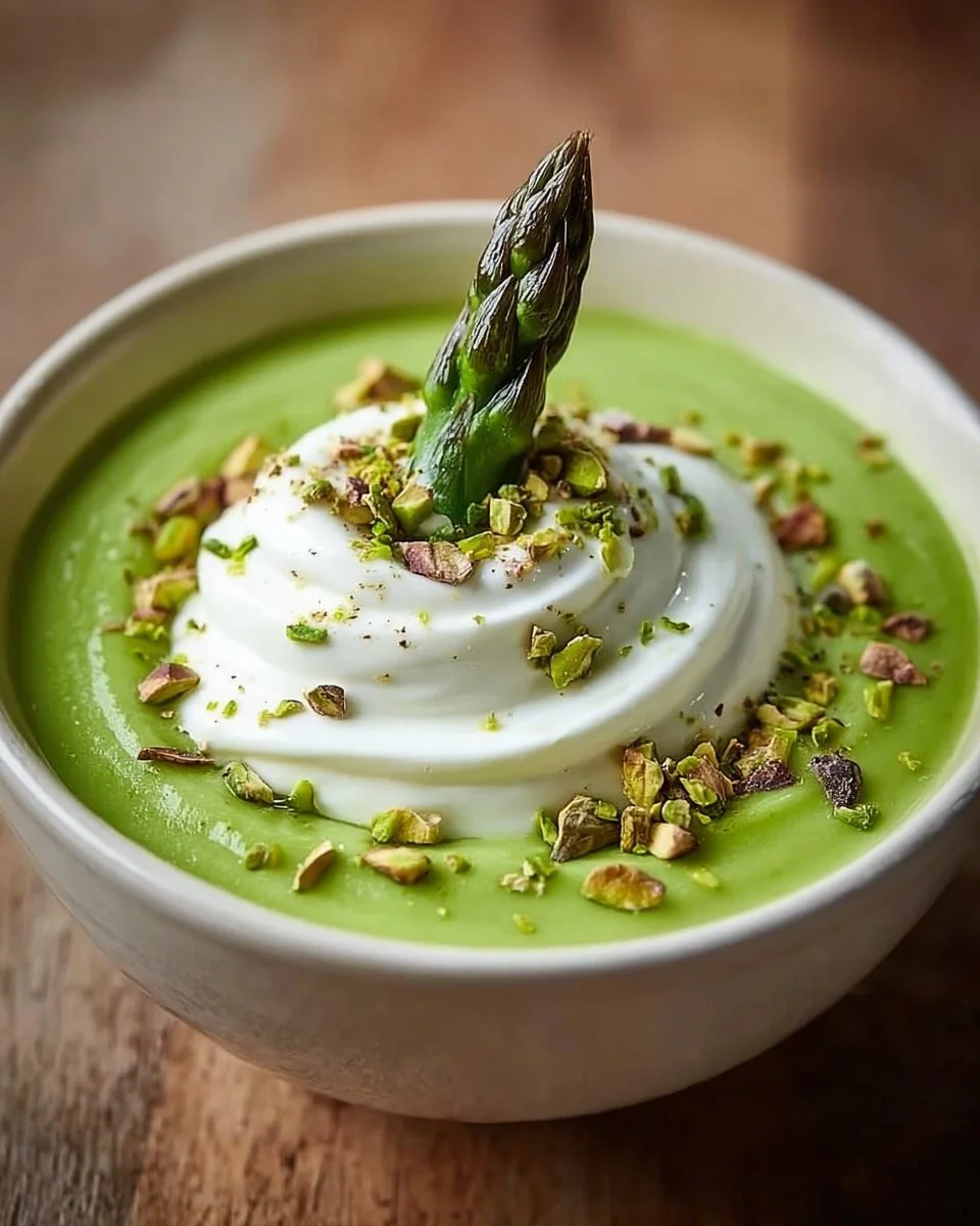 Bol de velouté d'asperges vertes crémeux, une soupe délicieuse et légère