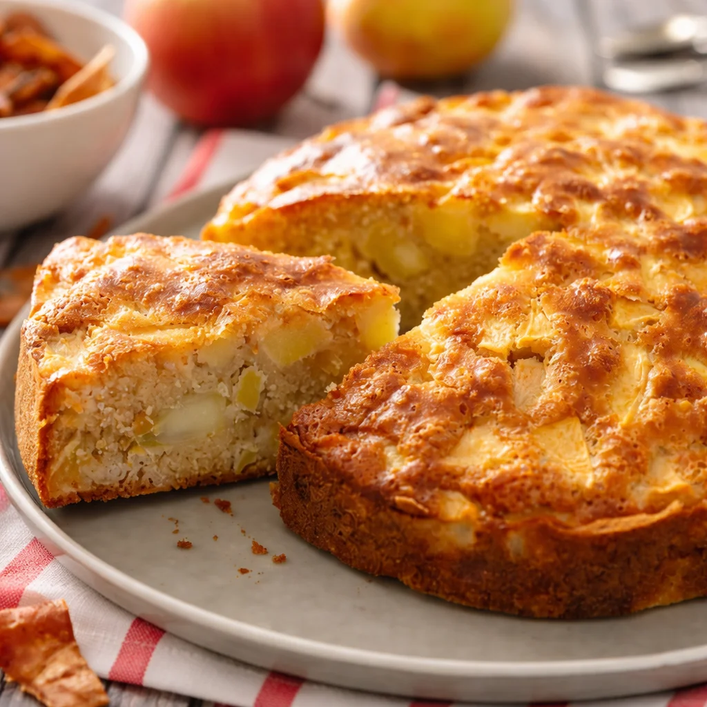 Gâteau aux pommes moelleux avec amandes et croustillant, servi sur une assiette.