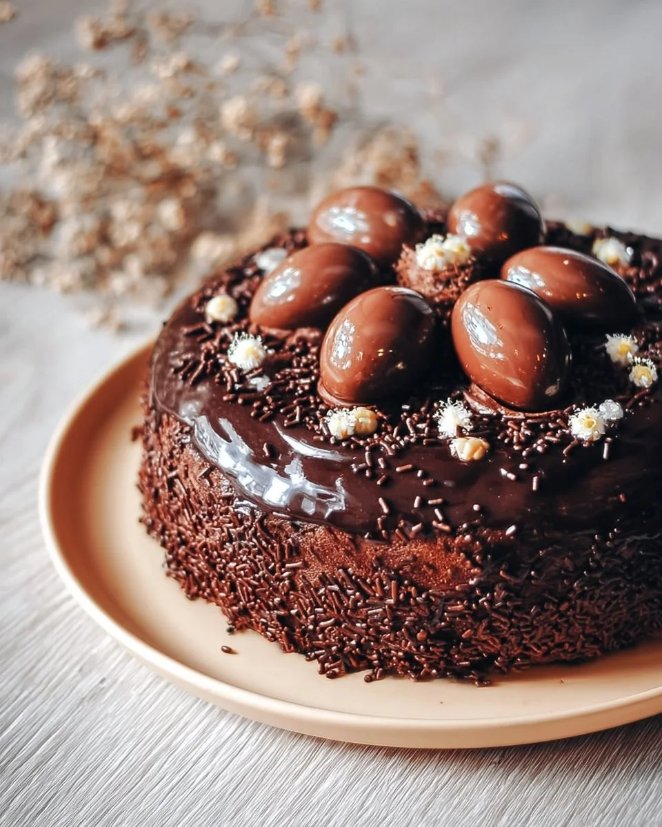 Gâteau nid de Pâques décoré avec des œufs en chocolat et des fleurs comestibles.