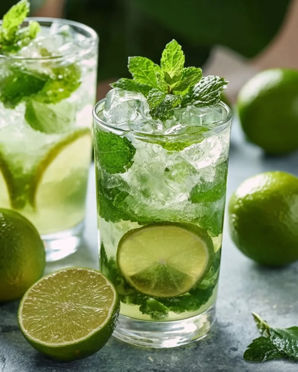 Verre de mojito sans alcool avec menthe et citron sur une table d'extérieur