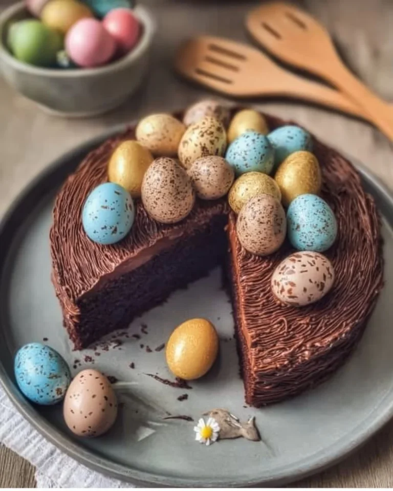 Gâteau Nid de Pâques décoré avec des œufs colorés et des brindilles en chocolat.