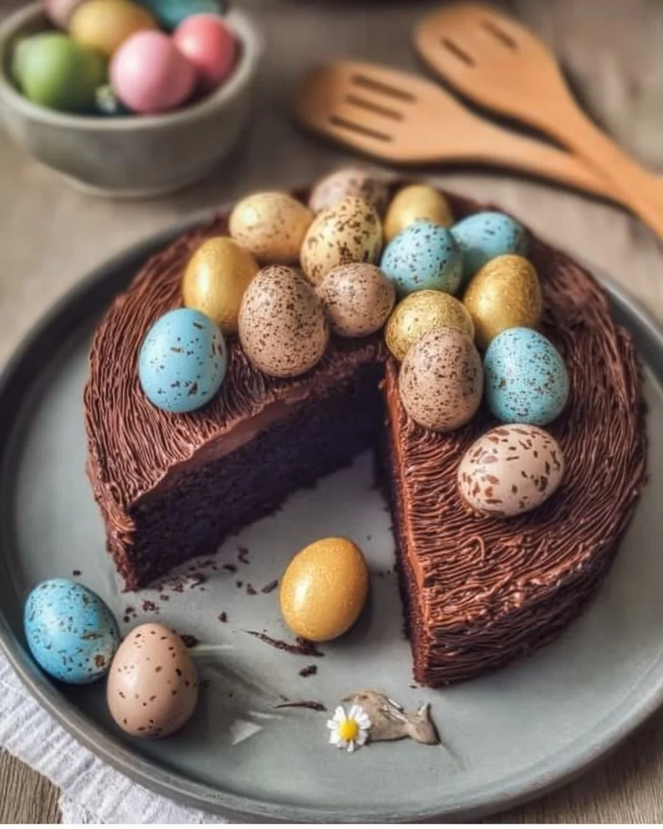 Gâteau Nid de Pâques décoré avec des œufs colorés et des brindilles en chocolat.