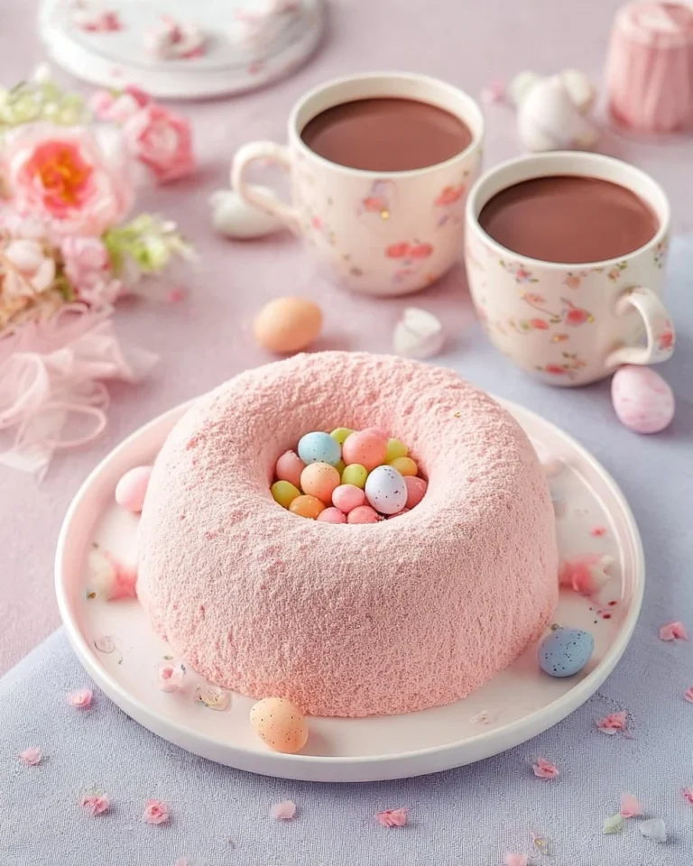 Nids de Pâques au chocolat blanc garnis de décorations colorées.