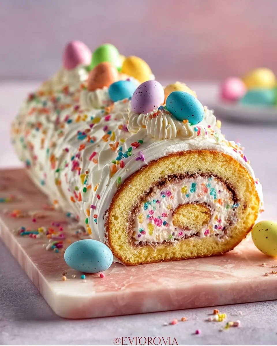 Rouleau de gâteau de Pâques décoré avec des œufs en chocolat et des fleurs comestibles