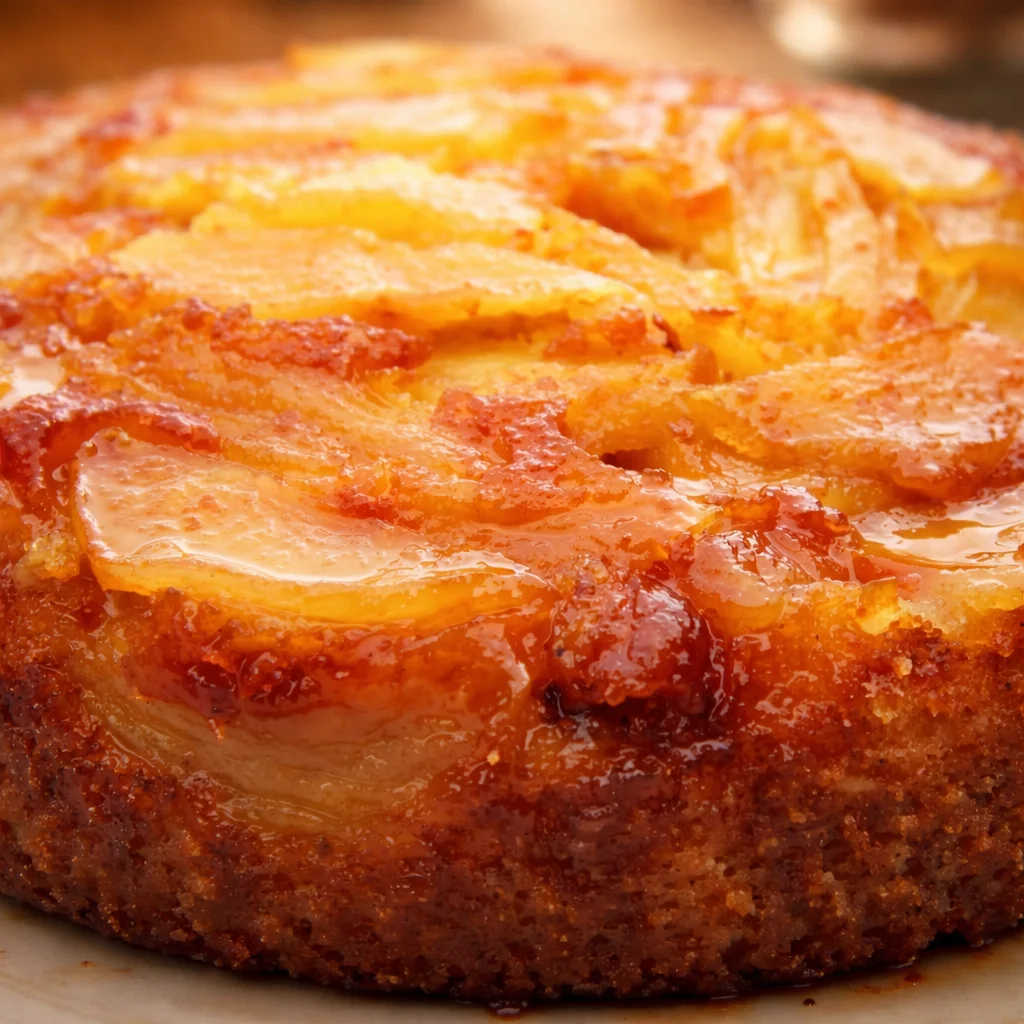 Gâteau aux pommes caramélisées moelleux, un dessert savoureux fait maison.