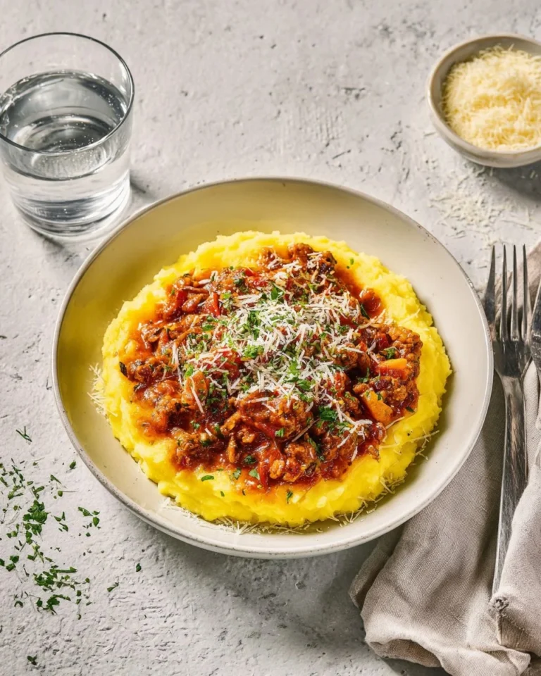 Delicious Beef Bolognese Ragù served with celery on a plate