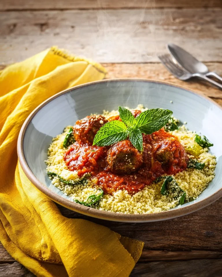 Beef meatballs cooked in spicy tomato sauce with herb semolina garnish.