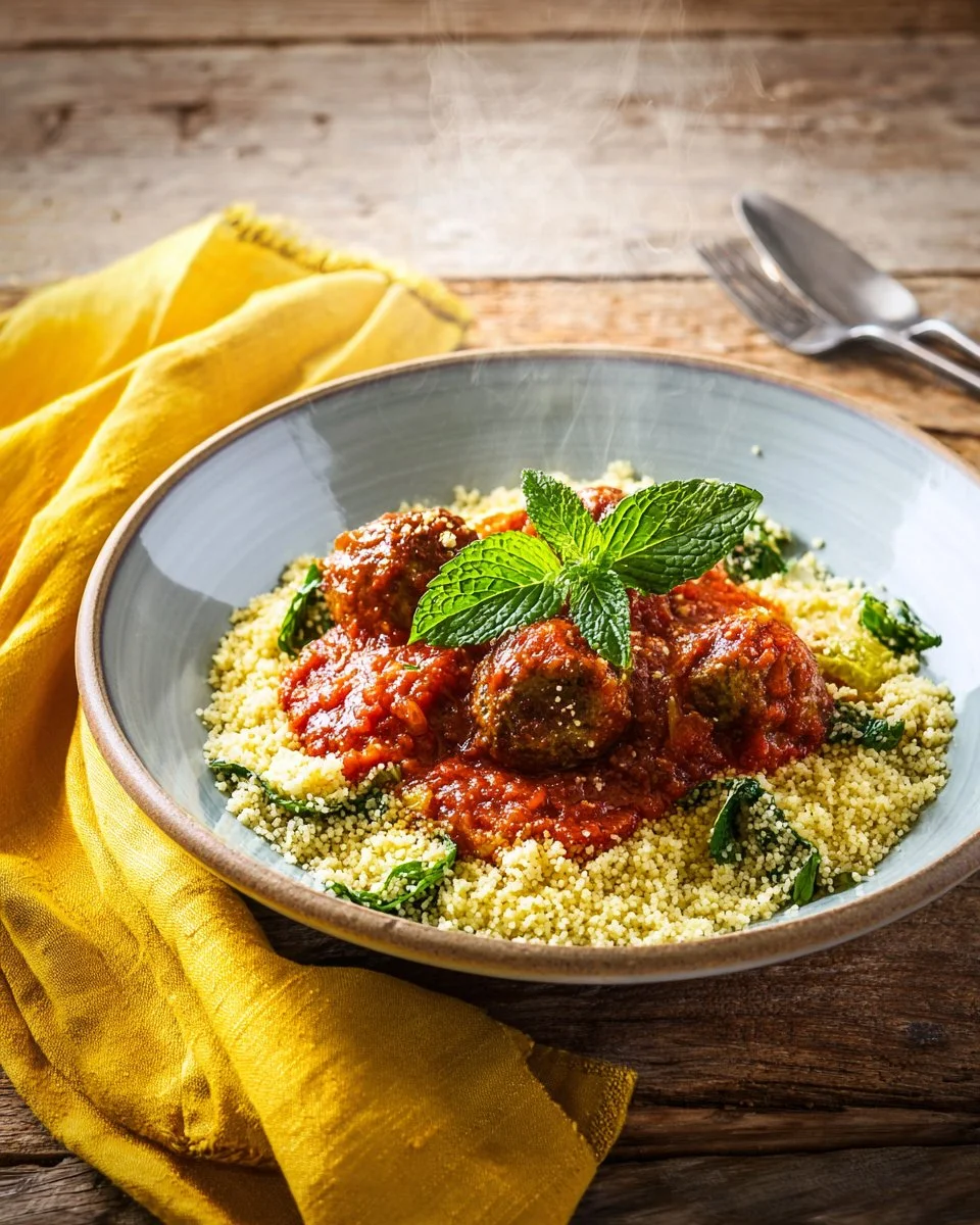 Beef meatballs cooked in spicy tomato sauce with herb semolina garnish.