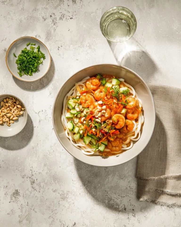 Bol de nouilles satay avec sauce et crevettes froides garnies de légumes frais