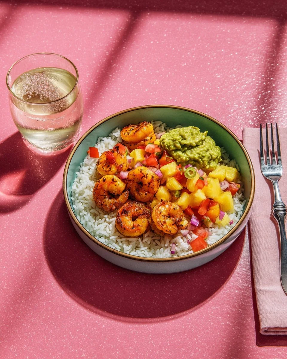 Bol énergétique aux crevettes et mangue, vibrant et nutritif