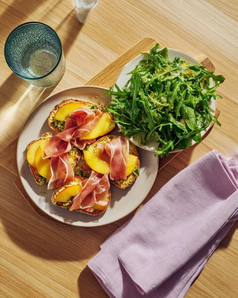 Bruschetta grilled nectarine topped with cured ham, pesto, and mozzarella.