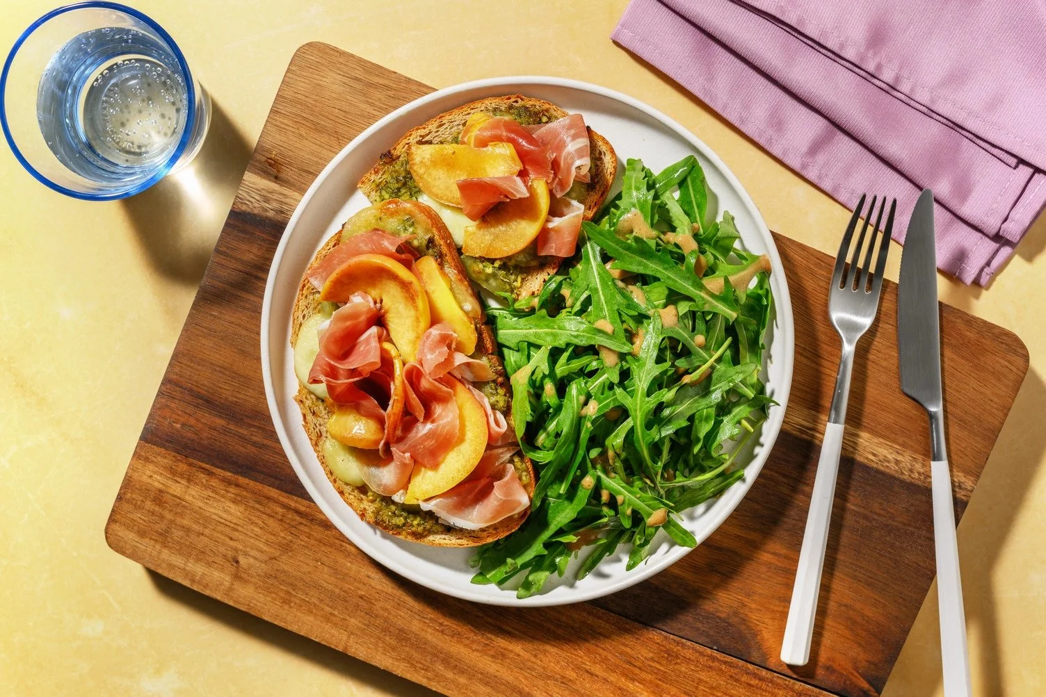 Bruschetta Grilled Nectarine and Cured Ham with Pesto and Mozzarella