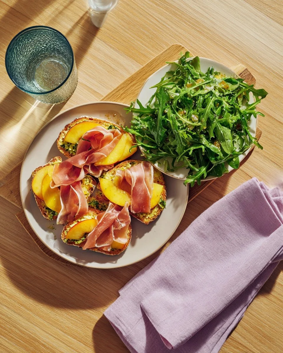 Bruschetta Grilled Nectarine and Cured Ham with Pesto and Mozzarella