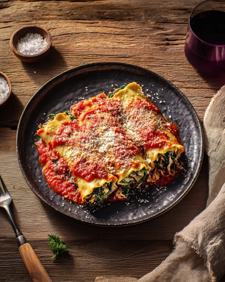 Delicious cannelloni filled with spinach and mushrooms, ready to be served.