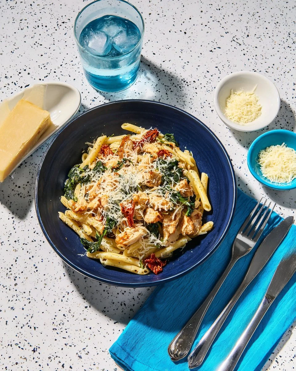 Casarecce avec dinde, crème et épinards dans une assiette appétissante.