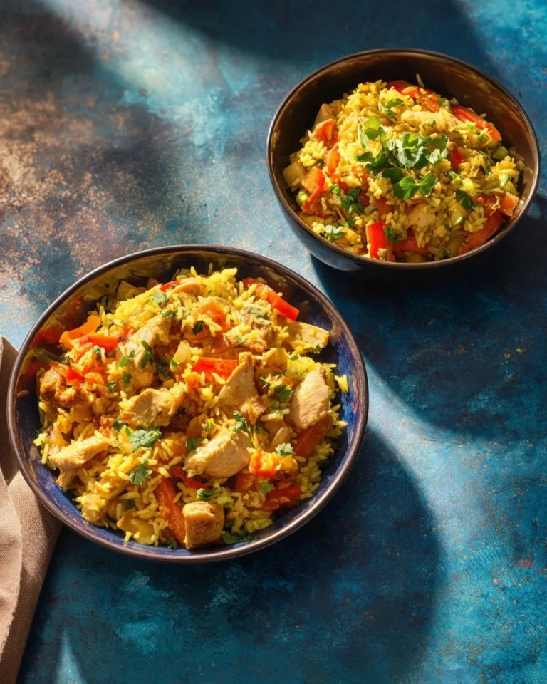 Chicken and Vegetable Rice Dish featuring tender chicken and colorful vegetables