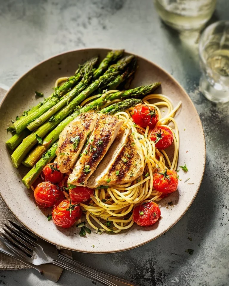 Delicious Chicken Piccata served with asparagus and linguine on a plate