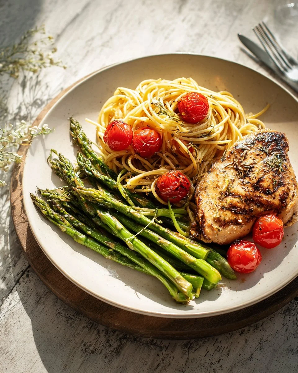 Chicken Piccata with Green Asparagus and Linguine