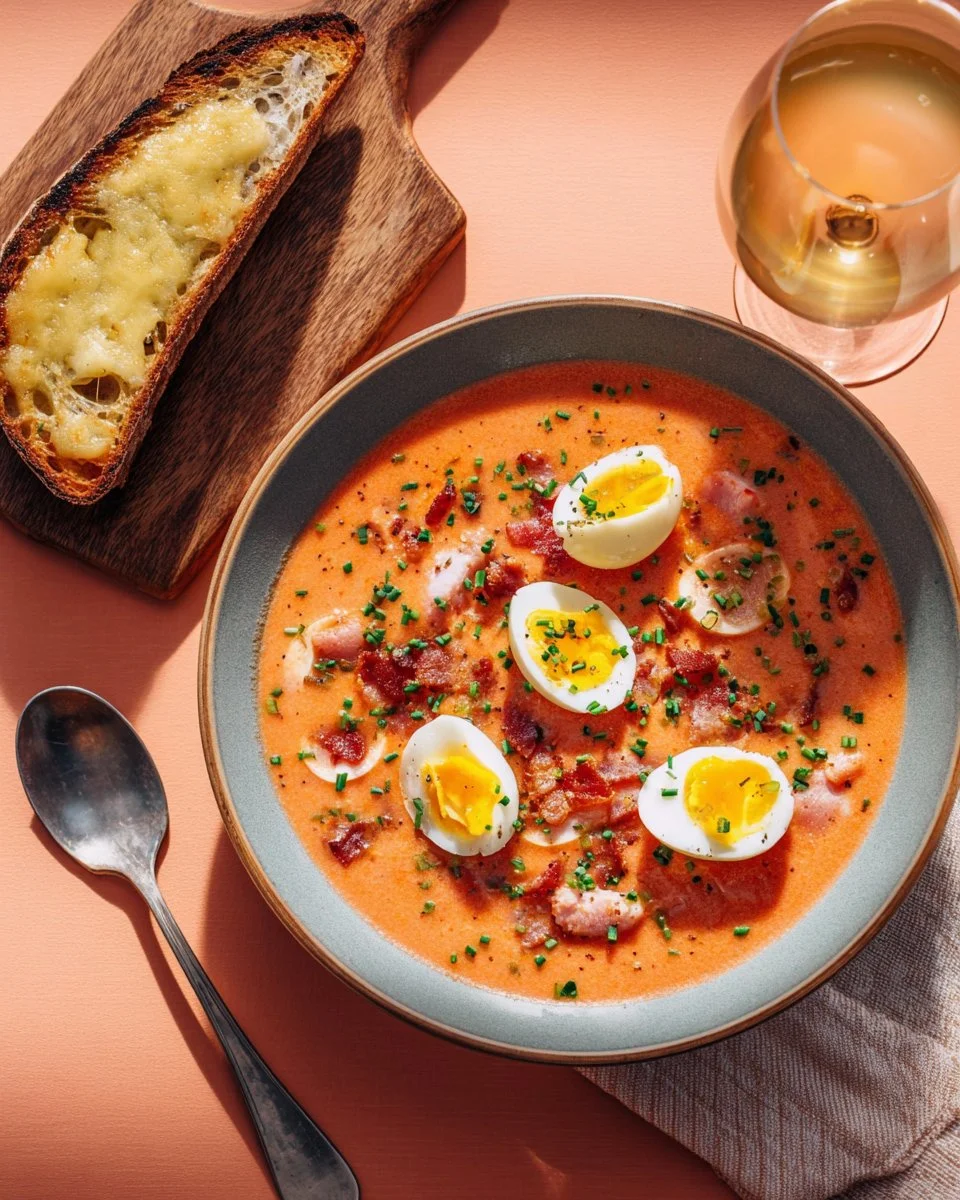 A bowl of traditional Cordoban Salmorejo served with hard-boiled egg and ham.