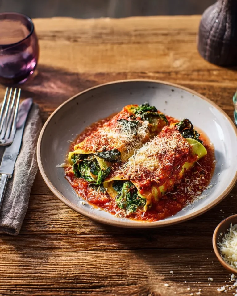 Creamy spinach and mushroom stuffed cannelloni on a plate