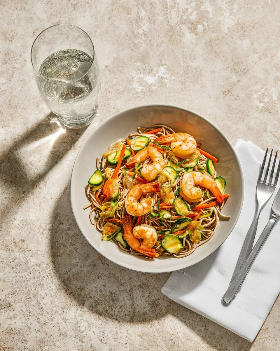 Crevettes aigre-douce et nouilles soba