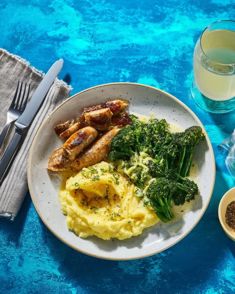 Cuisses de poulet servies avec purée à la truffe et brocoli.